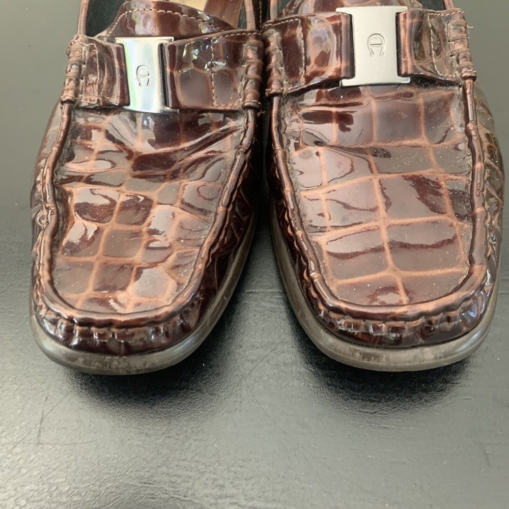 Etienne Aigner CHICKLET 7.5 Brown Crocodile Leather Flat Loafers Buckle Shoes - Picture 5 of 10